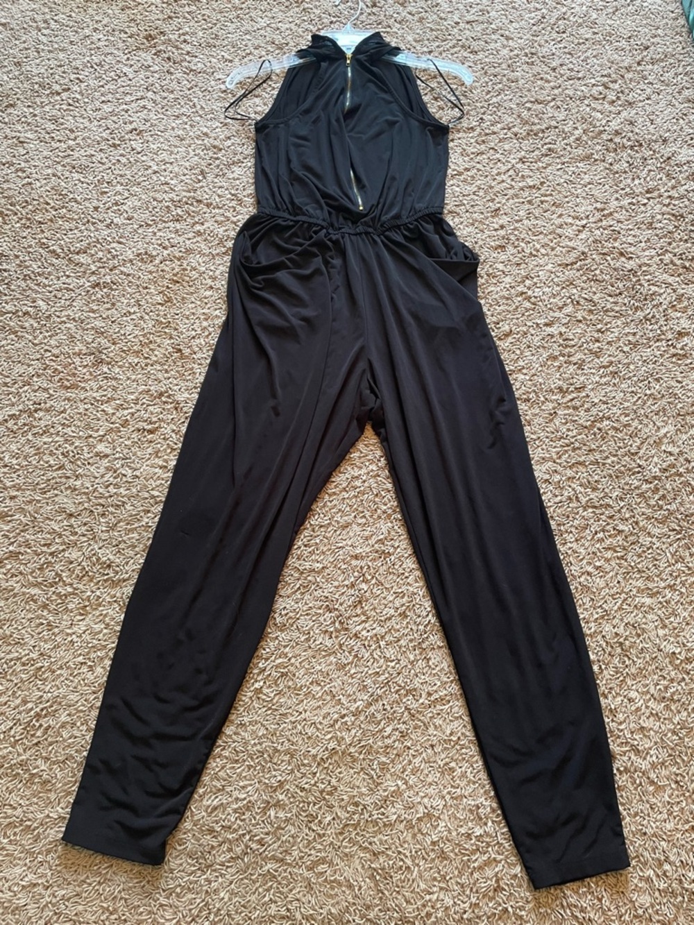 Black Sleeveless Jumpsuit Medium High Neck Elastic Waist Sheer Zipper Stretchy